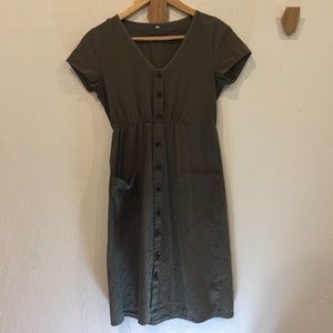 Olive green dress full length tortoise buttons S